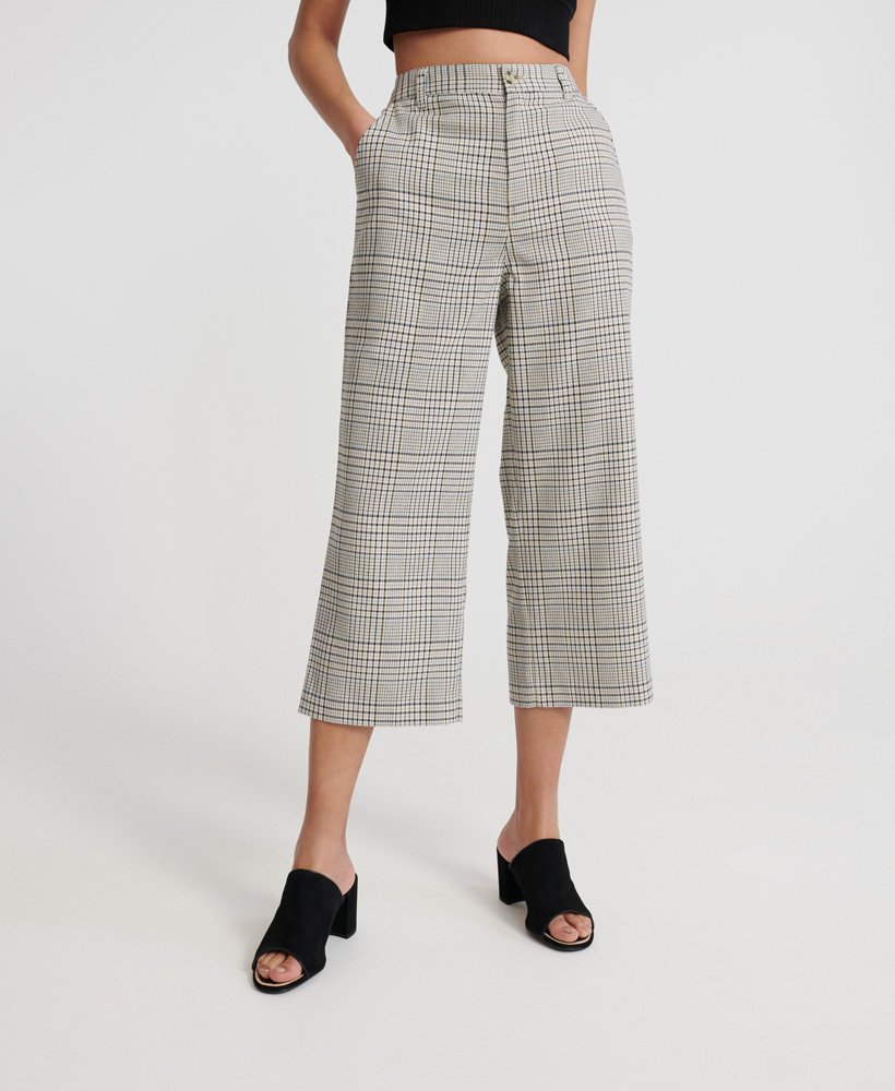 Womens - Summer House Wide Leg Trousers in Beige Check | Superdry UK