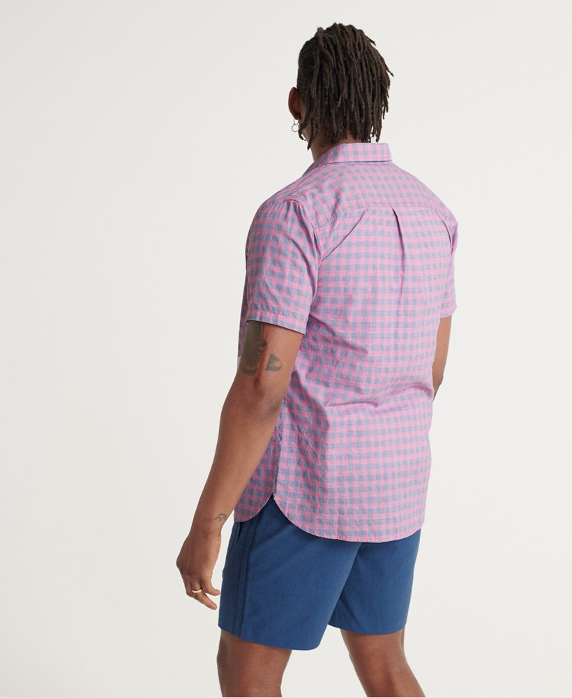 Mens - Classic Dobby Short Sleeved Shirt in Pink Micro Grid Check
