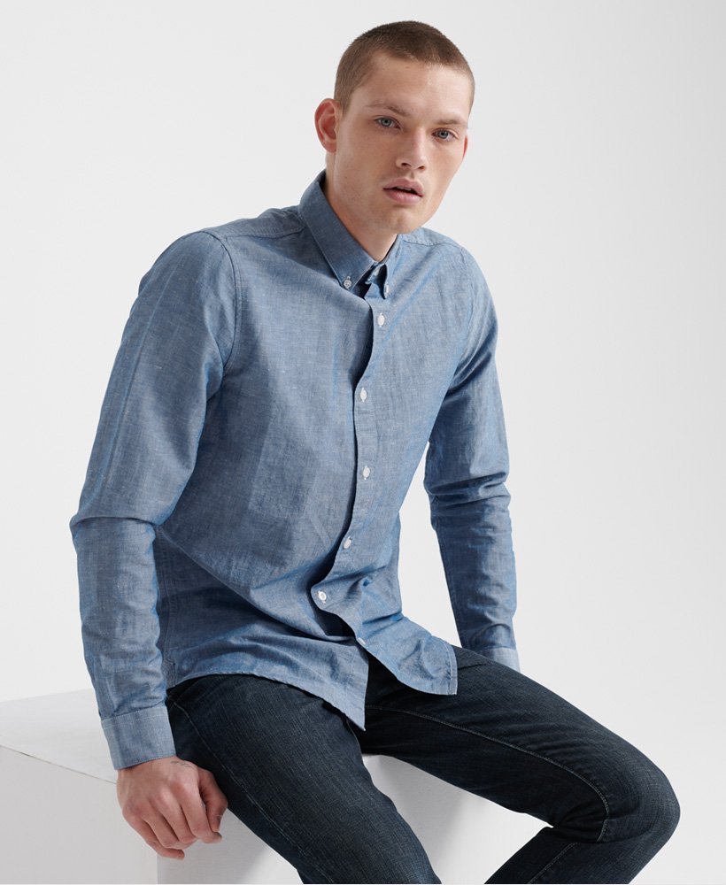 Men's - Edit Linen Button Down Shirt in Chambray Blue | Superdry UK