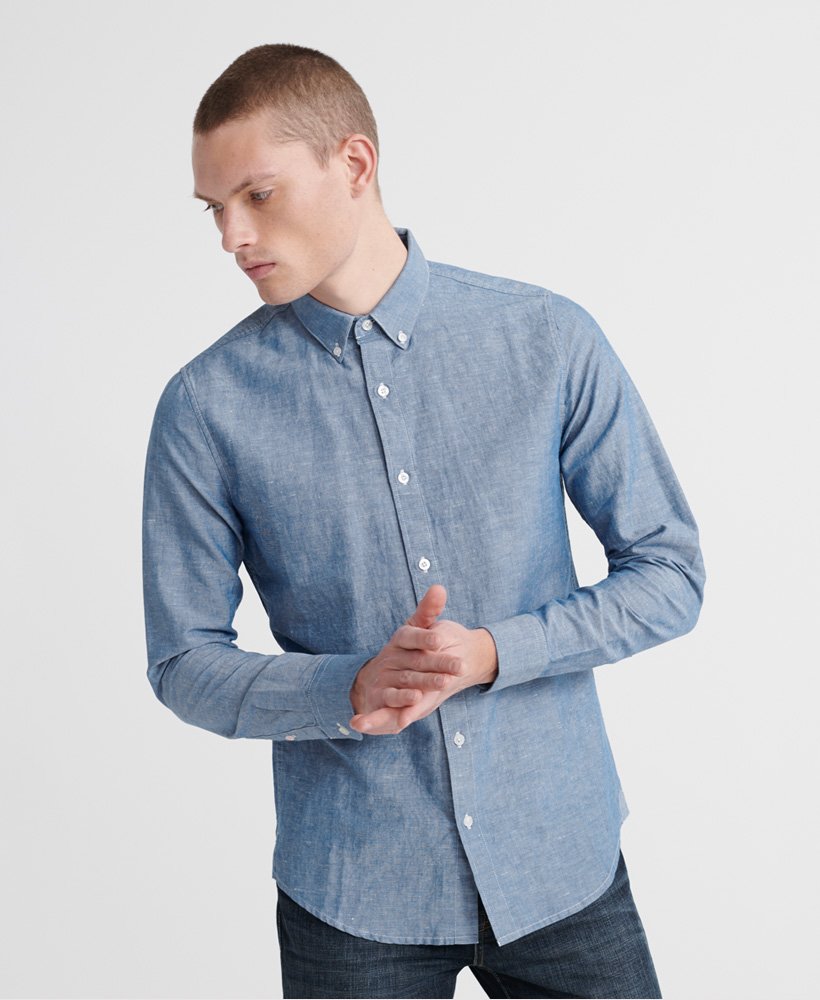 Men's - Edit Linen Button Down Shirt in Chambray Blue | Superdry UK