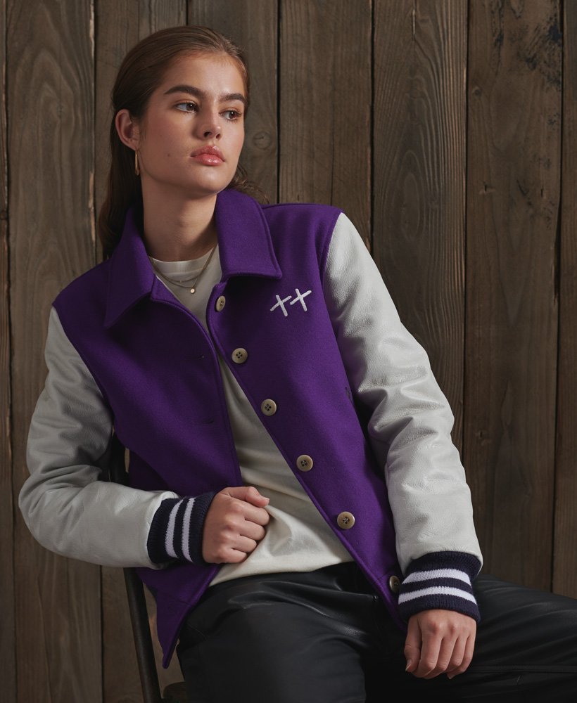 Superdry Womens Limited Edition Dry Leather Varsity Jacket - Purple - Size 16 UK
