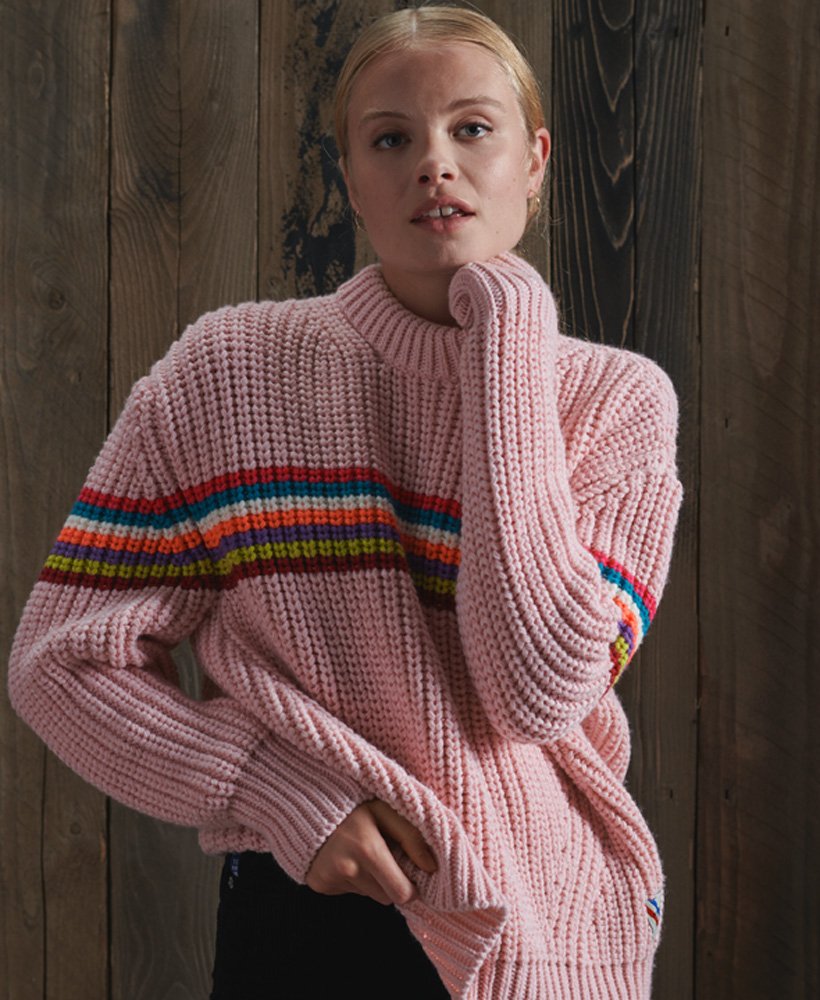 Womens - Neon Stripe Ribbed Crew Jumper in Pink | Superdry