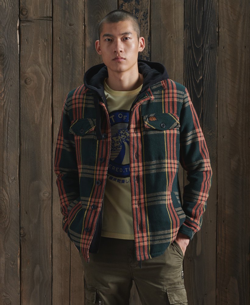 Mens - Expedition Hoodie in Heather Green Check | Superdry