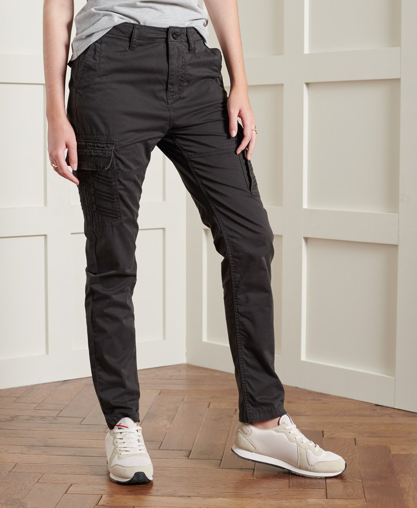 Womens - Slim Cargo Trousers in Embroidered Black | Superdry