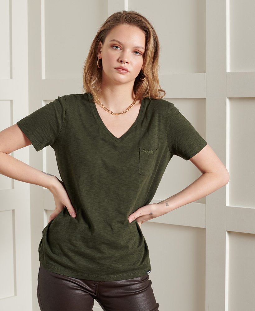 Women's The Scripted V-Neck T-Shirt in Army Khaki | Superdry US