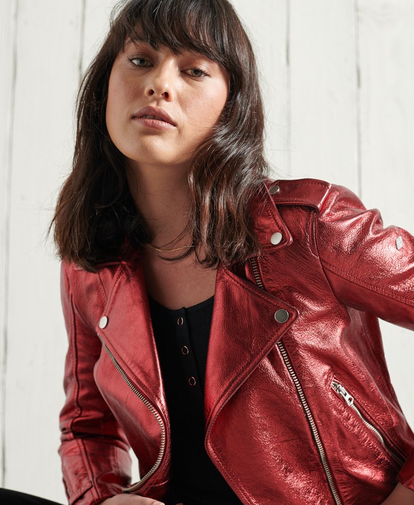 Womens - Metallic Leather Biker Jacket in Red Metallic | Superdry