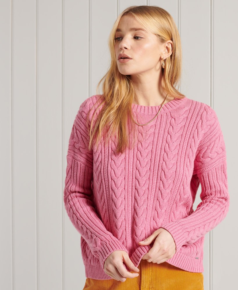 Dropped Shoulder Cable Knit Crew Neck Jumper