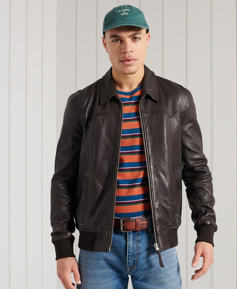 Mens - Leather Indie Club Jacket in Brown Paloma Leather | Superdry