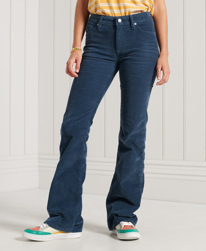 Womens - Mid Rise Slim Cord Flare Jeans in Ink | Superdry