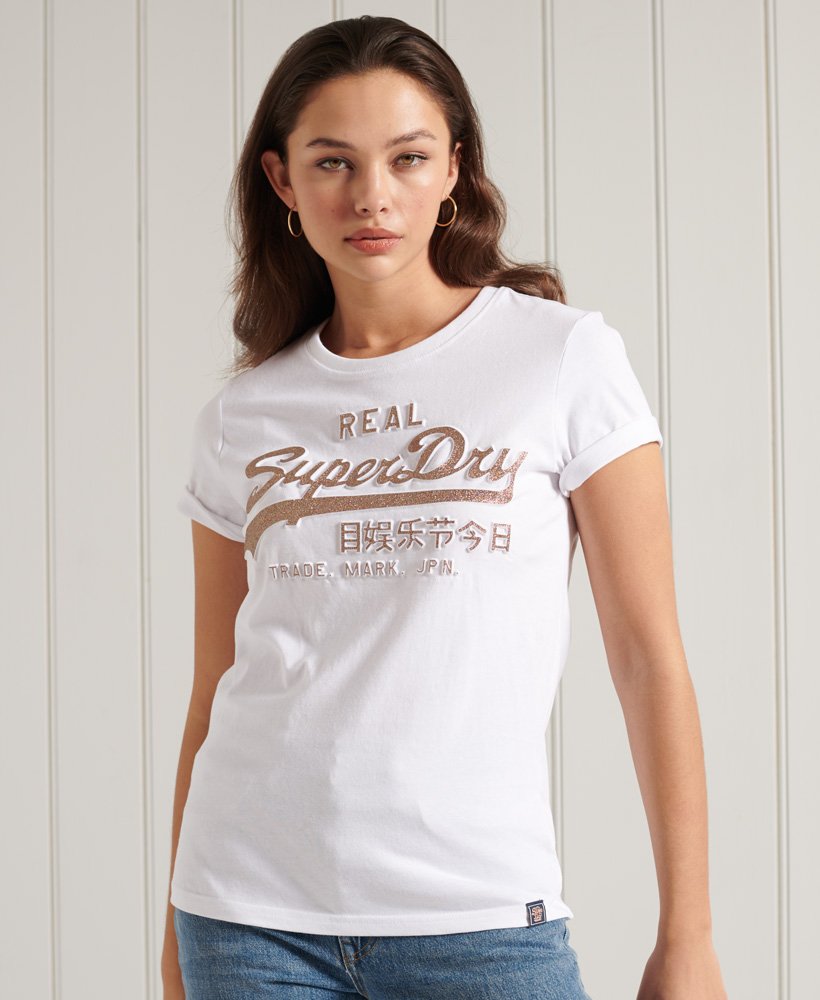 Perseus samenkomen snijden Women's Vintage Logo Glitter Embossed T-Shirt in White | Superdry US