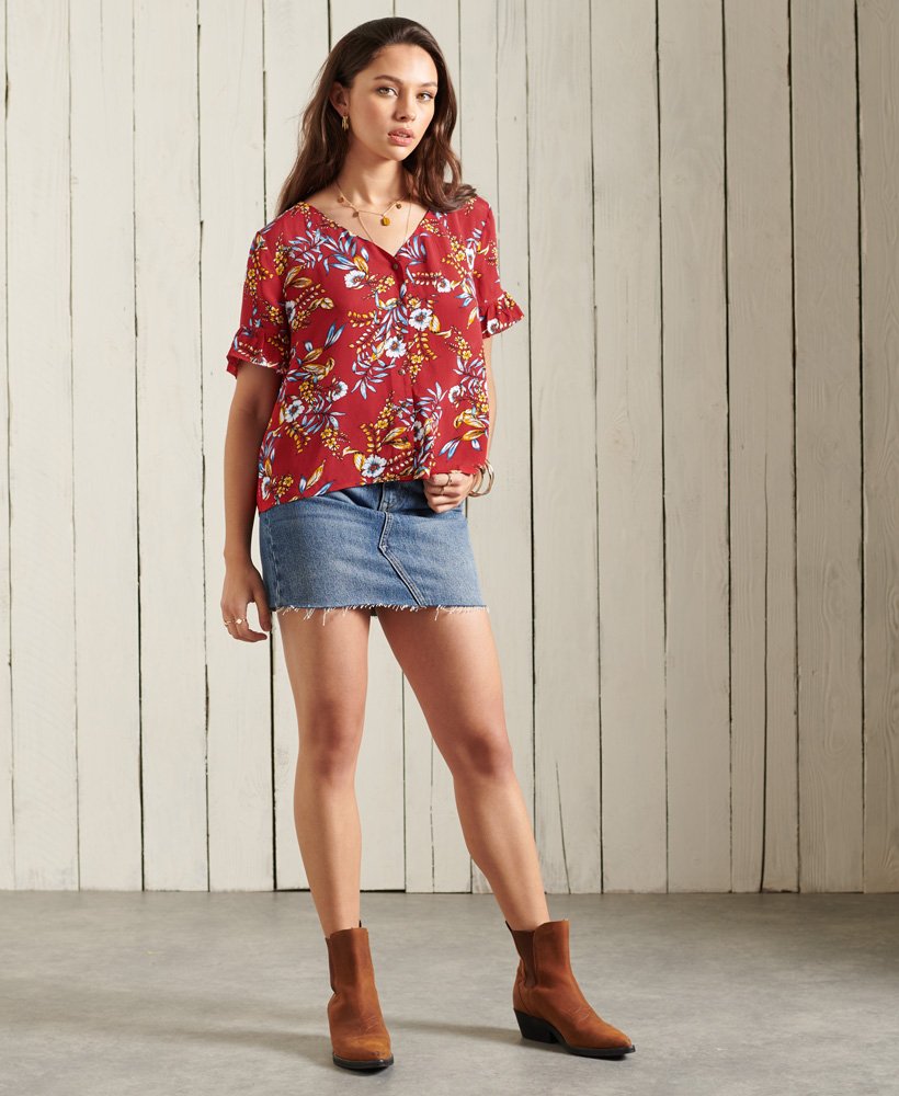 Womens Short Sleeve Textured Lace Top in Red Superdry