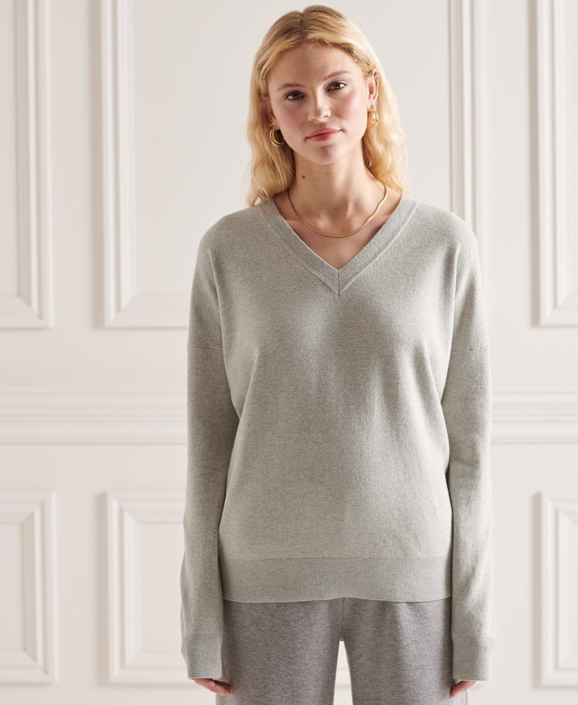Womens - V-Neck Cotton Knitted Jumper in Light Grey | Superdry
