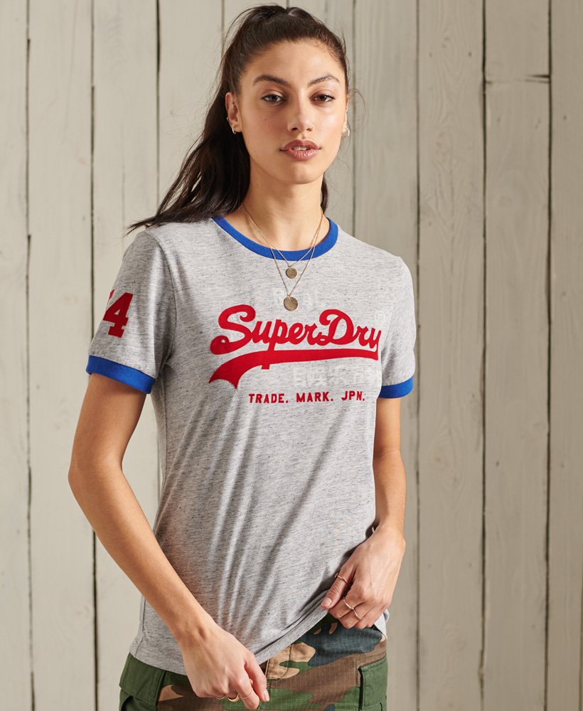 Womens Vintage Logo Varsity Ringer T Shirt In Peppered Grey Grit Superdry Uk