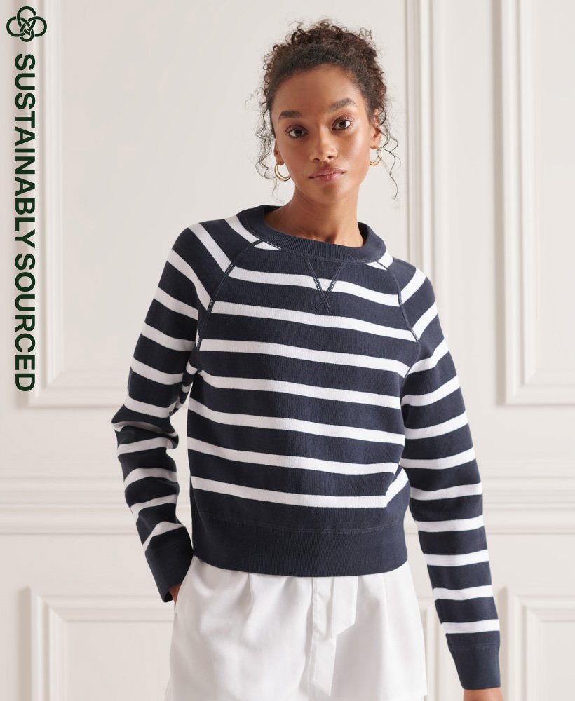 Womens - Essential Organic Cotton Crew Jumper in Eclipse Navy Stripe ...