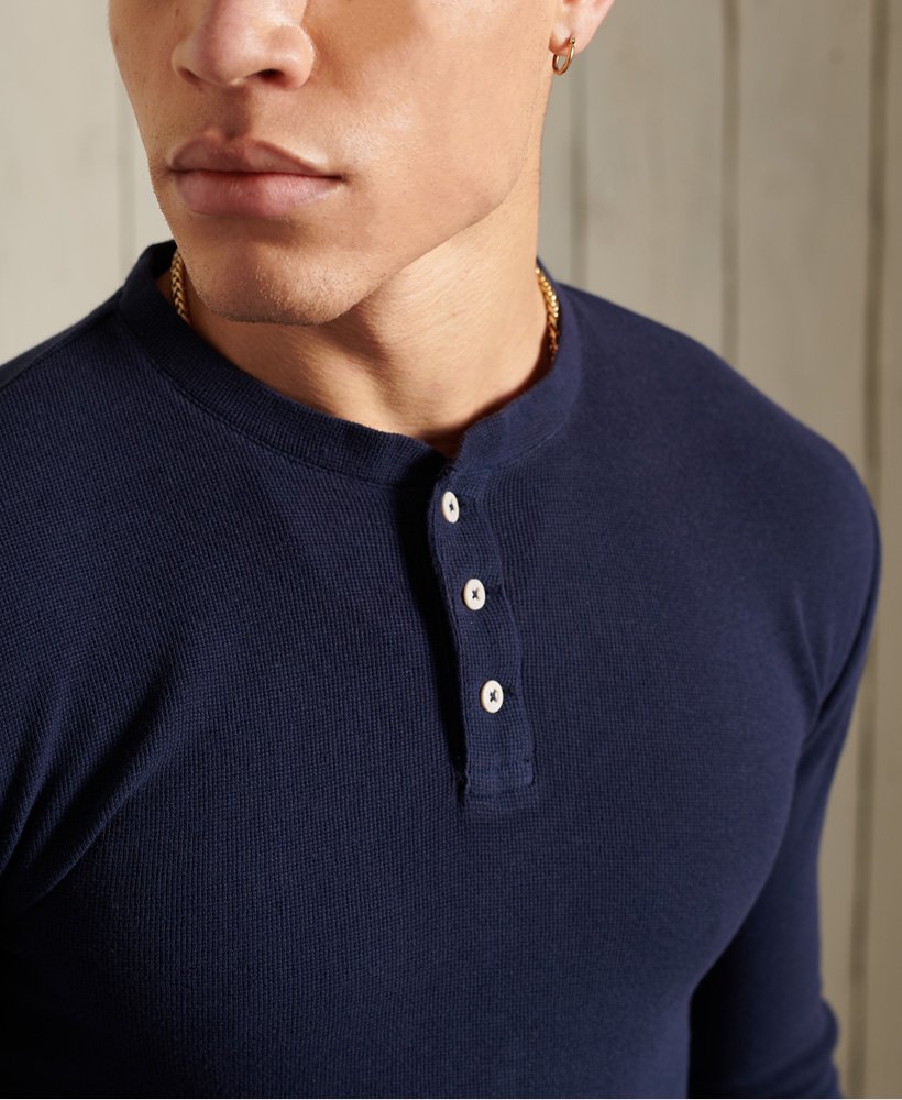 Mens Organic Cotton Long Sleeve Waffle Henley Top in Nautical Navy