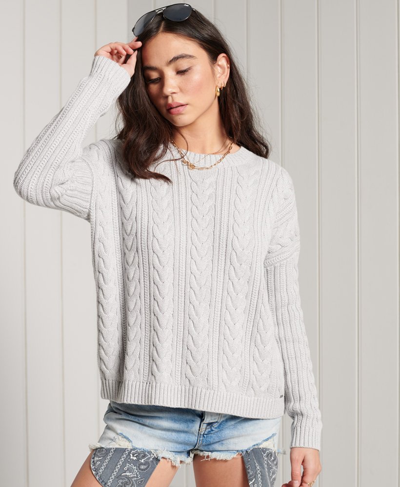 Womens Dropped Shoulder Cable Knit Crew Neck Jumper in Light Dove