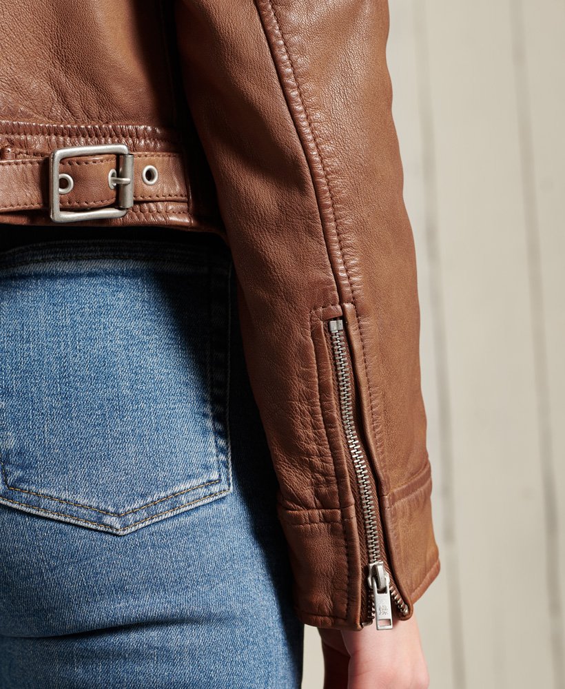 Womens Cropped Leather Harrington Jacket in Camel Superdry
