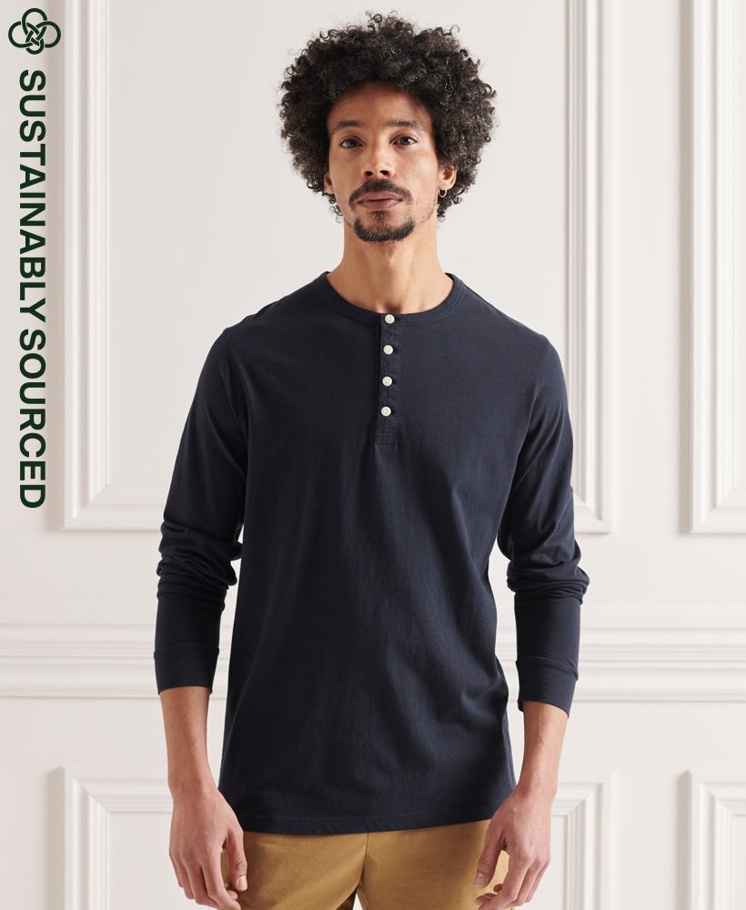 Men's Organic Cotton Vintage Logo Embroidered Henley Top in Eclipse Navy