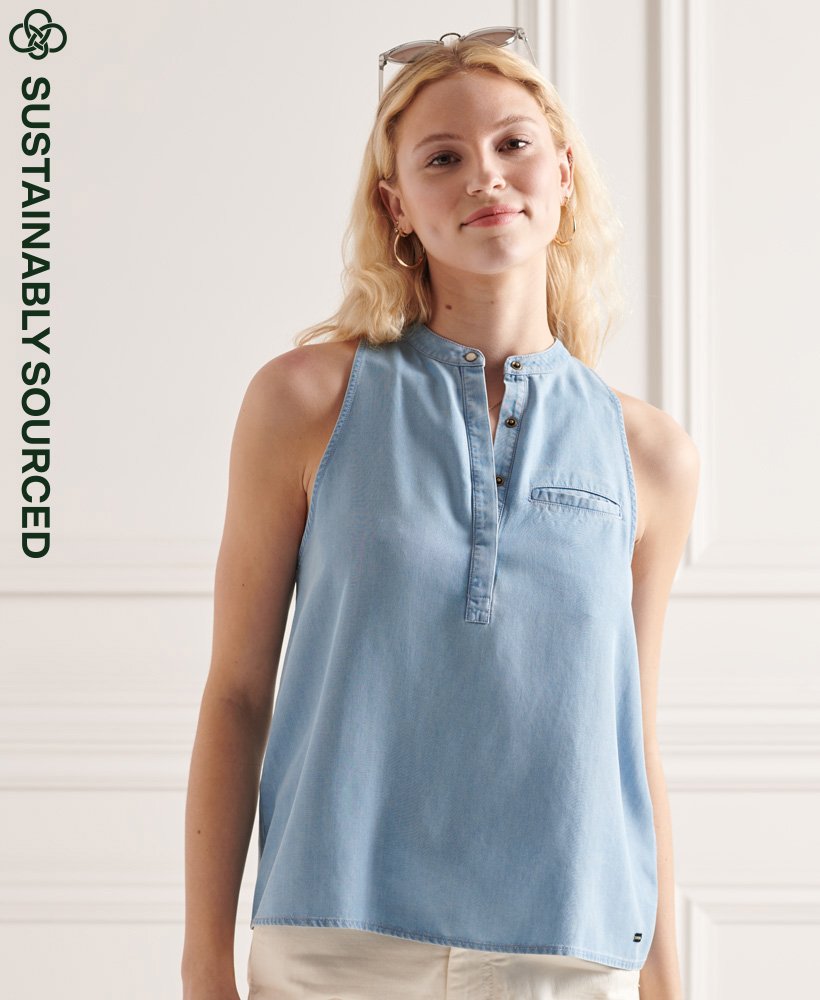 Passief Lounge Ga op pad Dames - Mouwloze blouse van Tencel Blauw | Superdry NL