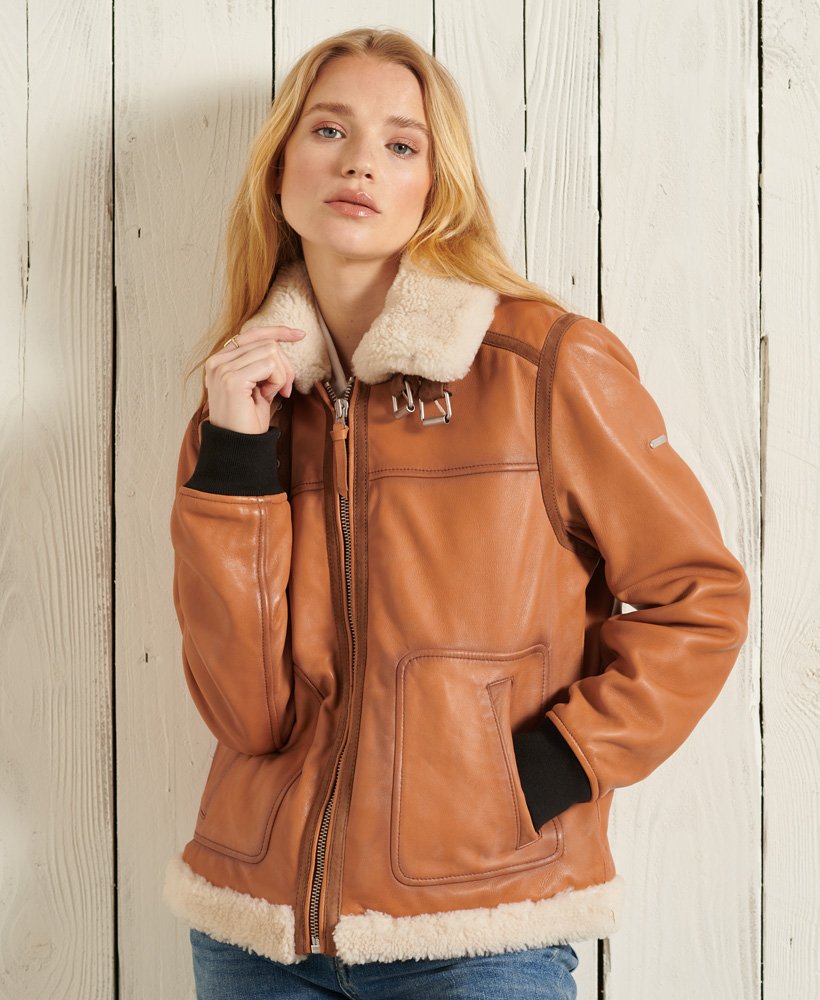 Womens - Leather Flight Bomber Jacket in Tan | Superdry UK
