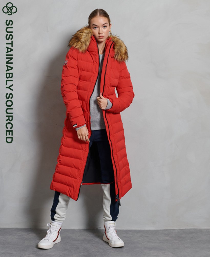 Womens - Arctic Long Puffer Coat in High Risk Red | Superdry