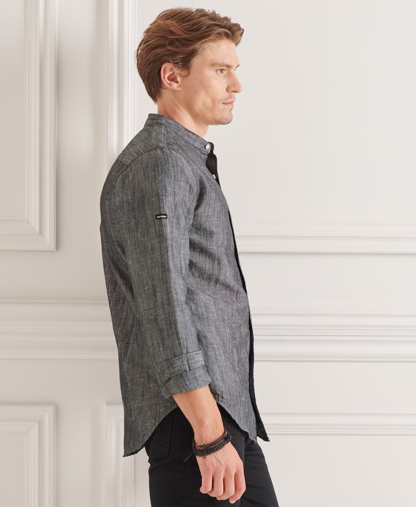 Mens Organic Cotton Linen Long Sleeved Grandad Shirt in Black Superdry