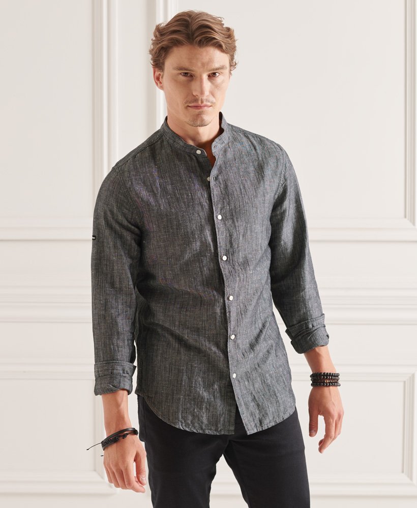 Mens Organic Cotton Linen Long Sleeved Grandad Shirt In Black Superdry