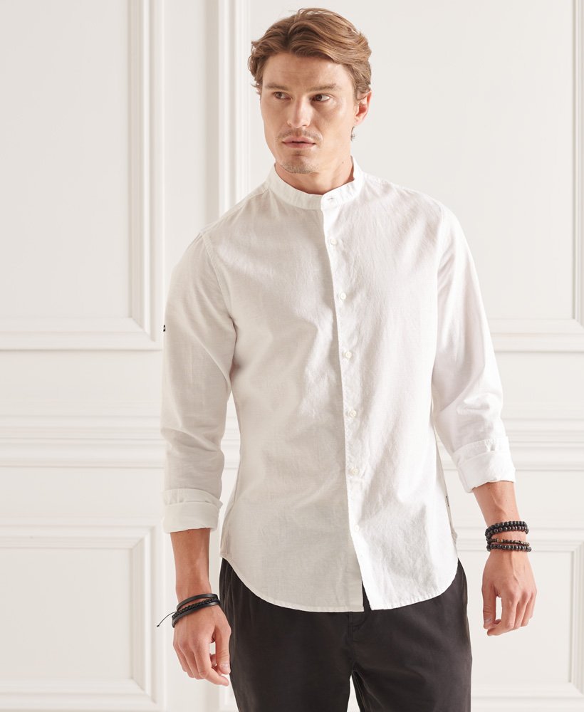 Mens - Organic Cotton Linen Long Sleeved Grandad Shirt in Optic | Superdry