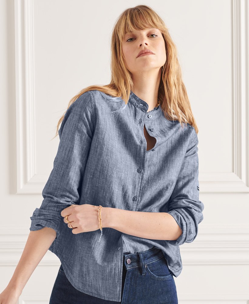 Womens - Studios Linen Grandad Shirt in Midnight | Superdry