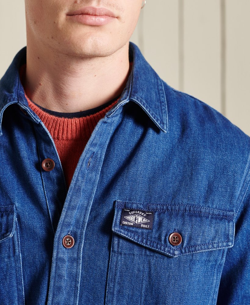 Mens Denim Work Shirt In Mid Blue Wash Superdry 