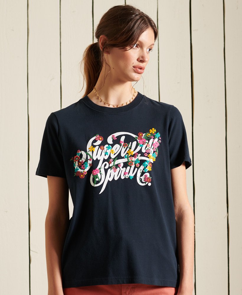 Womens Script Style Floral T-Shirt in Eclipse Navy | Superdry