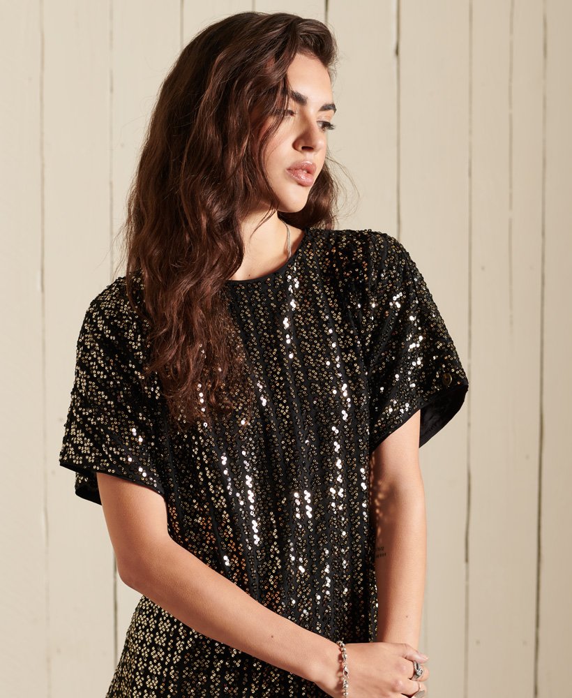 Womens - T-Shirt Sequin Dress in Black Sequin | Superdry UK