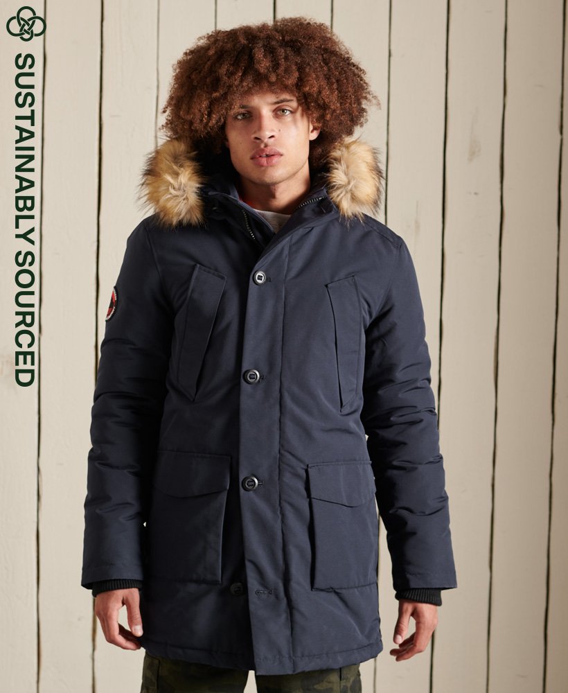 Superdry Mens New Winter Everest Parka Jacket Coat Hood Faux Fur Full Zip Navy 