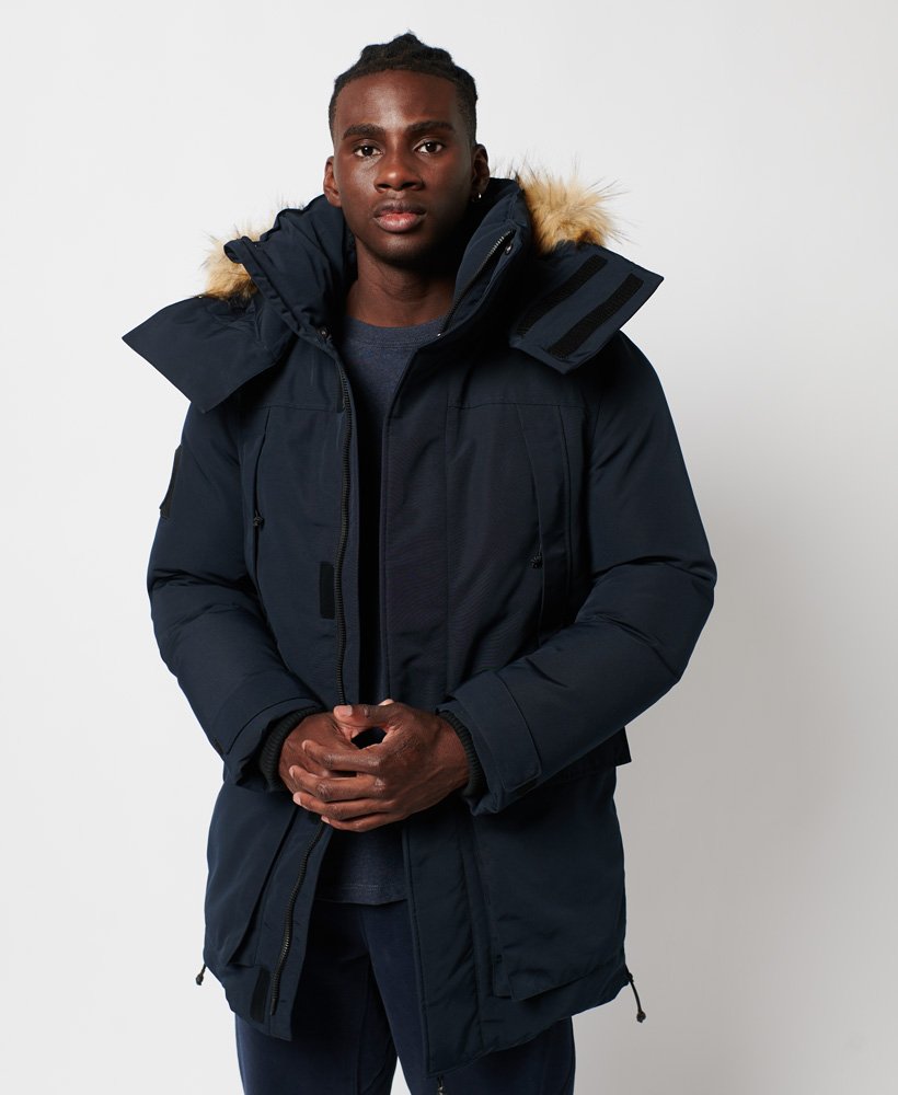 Mens Bench Wadded Fur Parka Jacket In Navy Zip Fastening With Hook And Loop