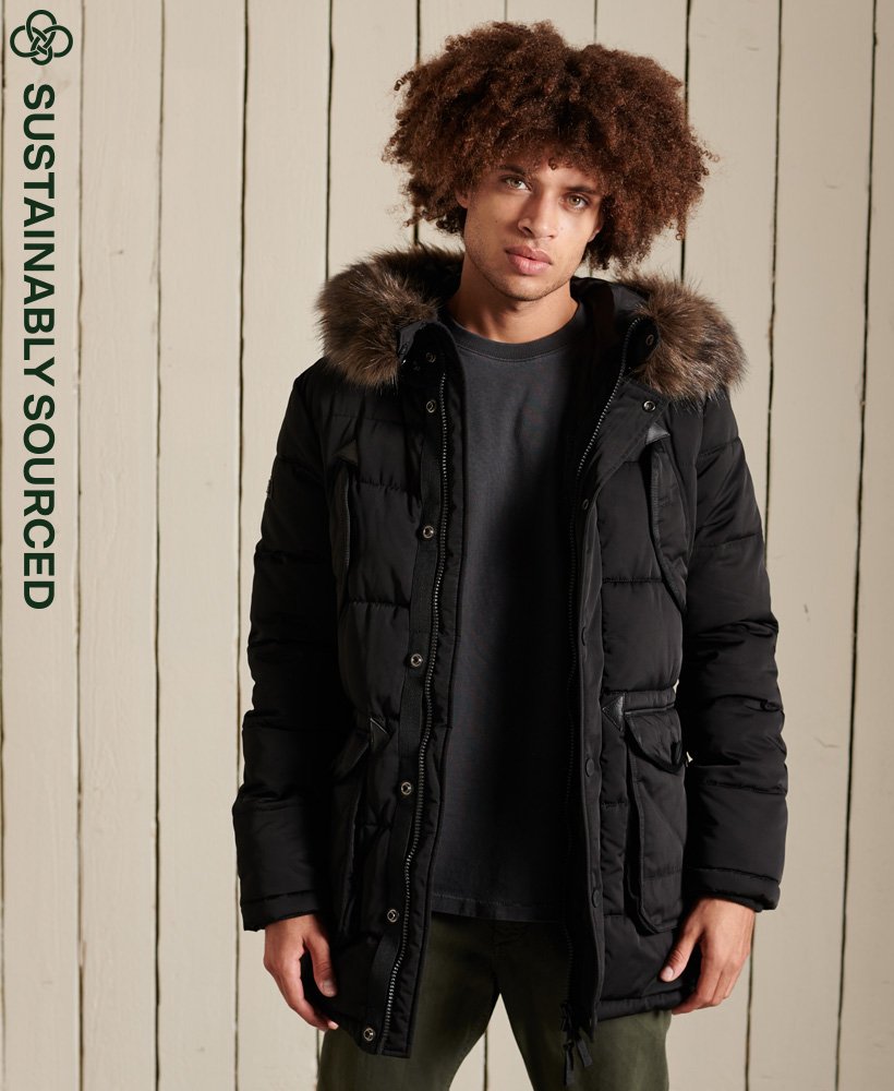 Superdry Mens Chinook  Long Parka Black Jacket Fur Parka Quilted World Shipping