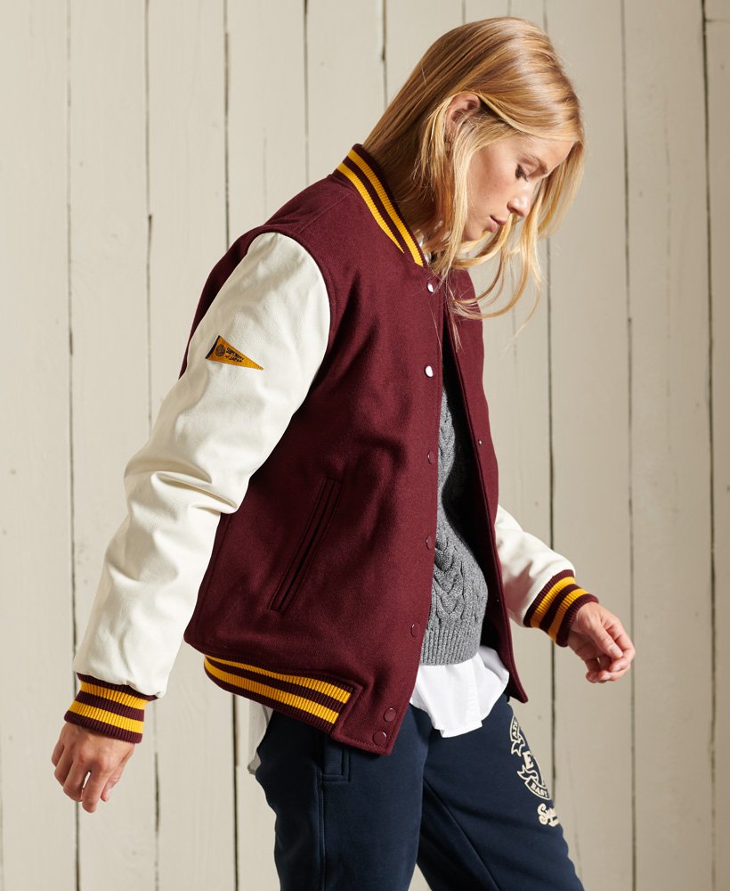 Womens College Varsity Bomber Jacket in Rich Deep Burgundy Superdry