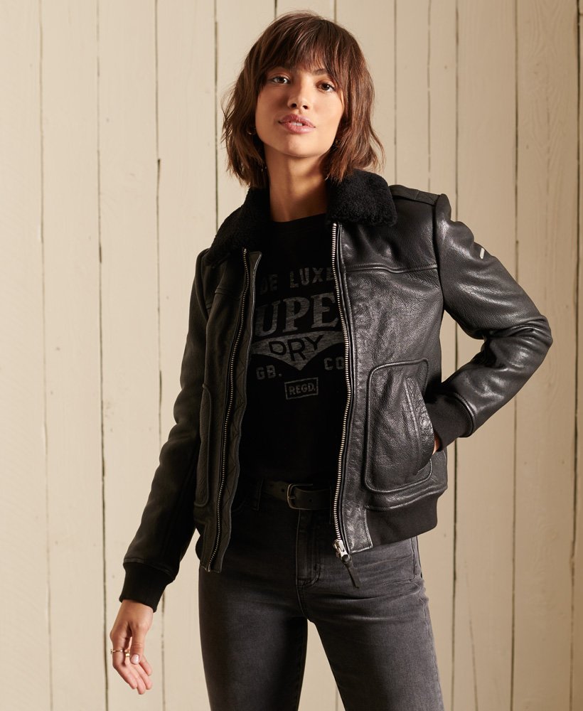 Womens - Aviator Flight Leather Jacket in Black | Superdry