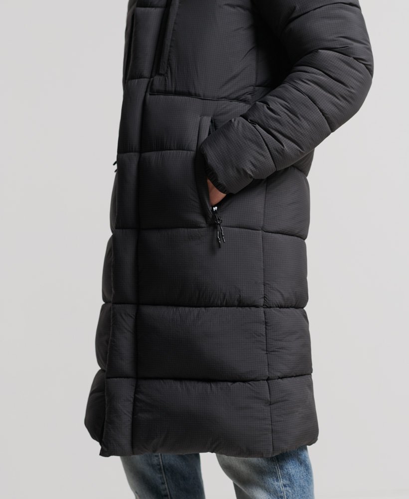 Mens Touchline Padded Longline Coat in Football Grid Charcoal Superdry