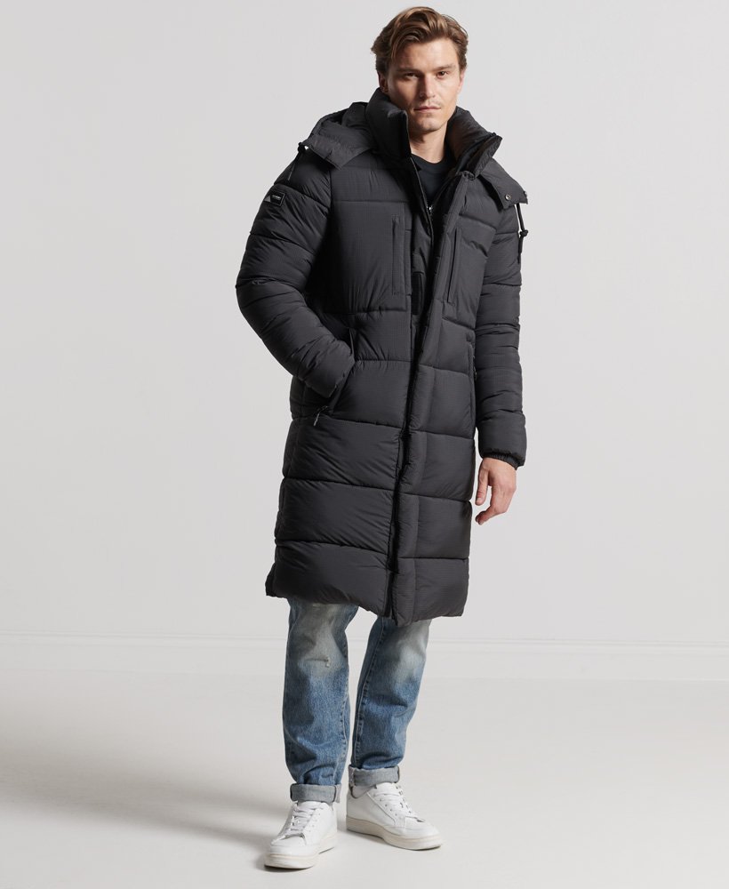 Mens - Touchline Padded Longline Coat in Football Grid Charcoal | Superdry