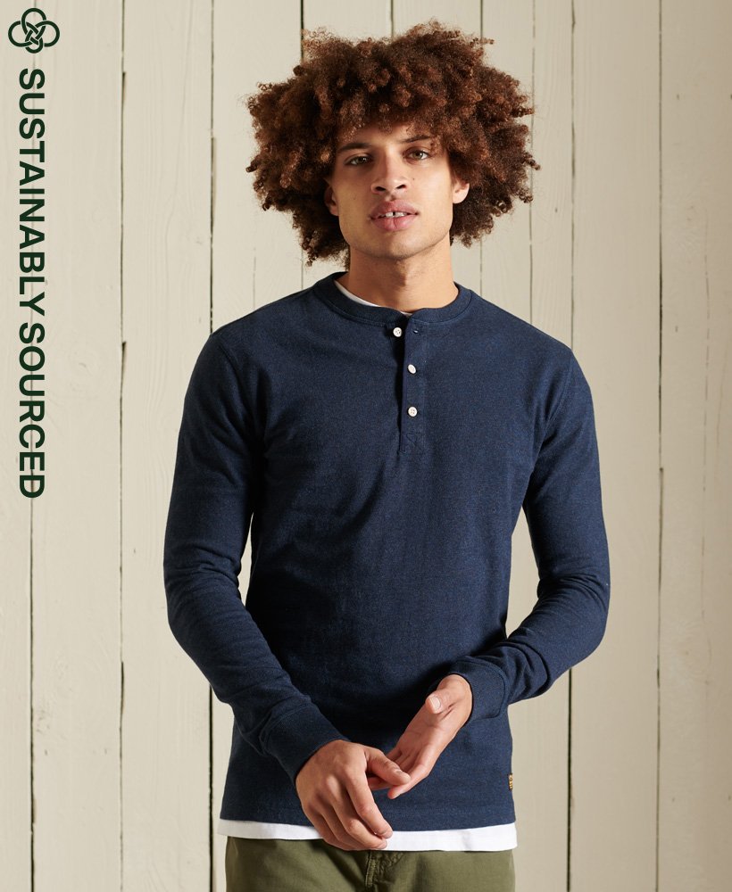 Mens - Organic Cotton Long Sleeve Grandad Top in Trench Navy Marl ...