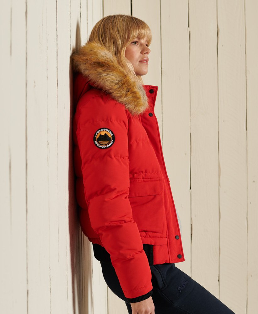 Womens Everest Hooded Puffer Bomber Jacket in Red Superdry
