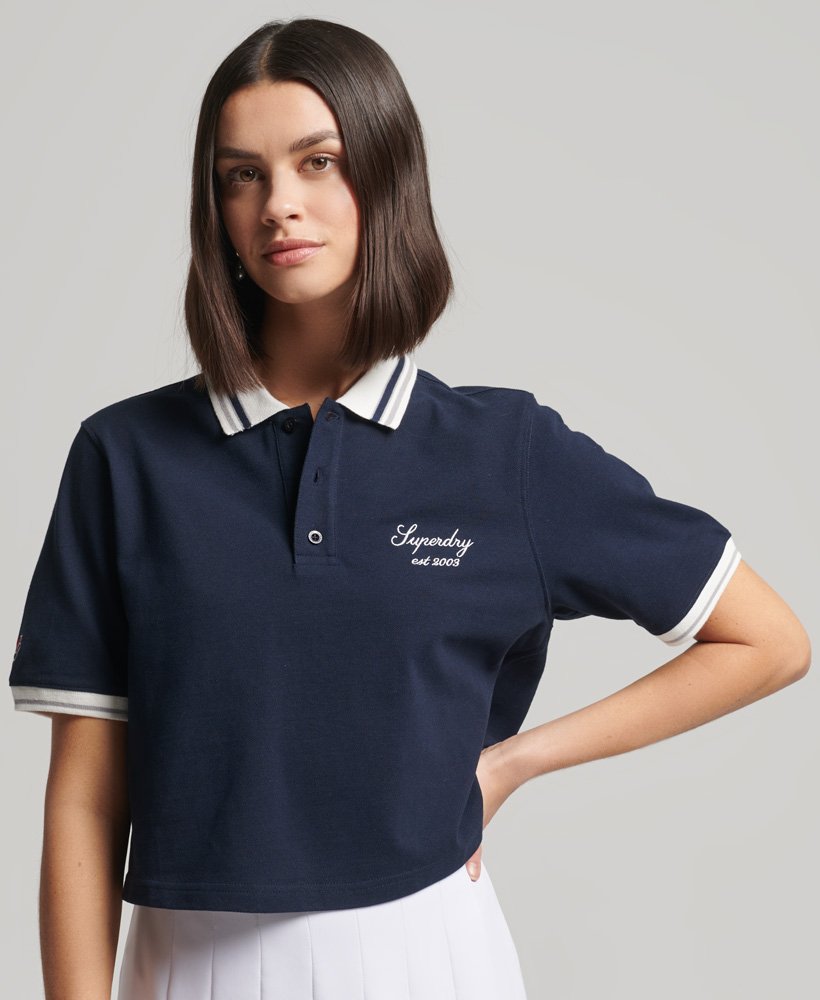 Women's Crop Boxy Tennis Polo Shirt in Deep Navy/optic | Superdry US
