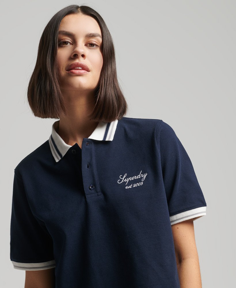 Women's Crop Boxy Tennis Polo Shirt in Deep Navy/optic | Superdry US