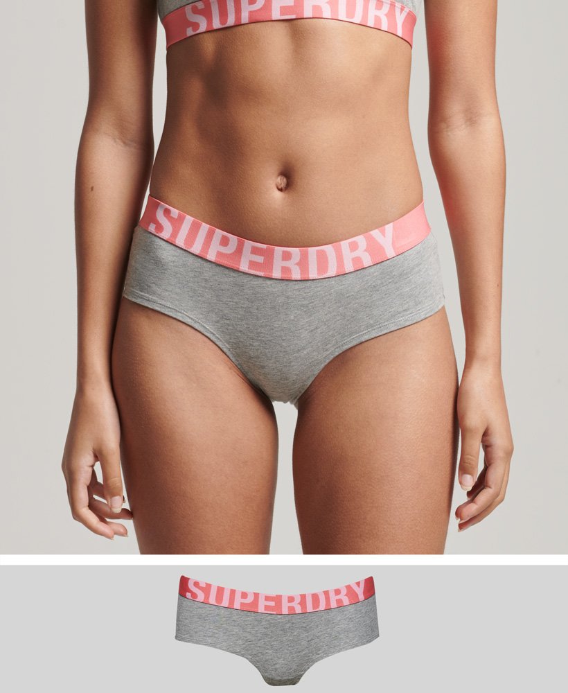 Women's Organic Cotton Large Logo Hipster Briefs in Grey Marl/fluro Coral