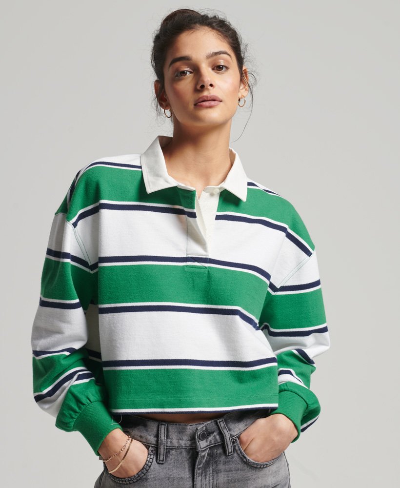 Women's Vintage Cropped Long Sleeve Rugby Top in Oregon Green Stripe