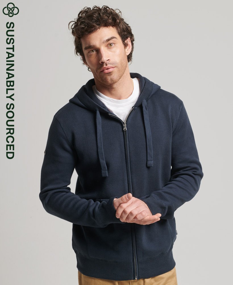Superdry Mens Hoodie Zip Through Hood with Drawcords Ribbed Cuffs in Navy Blue