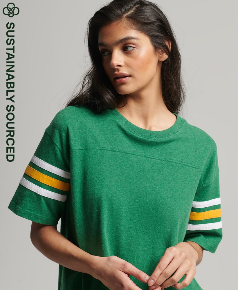 Women's - Organic Cotton Vintage Quarterback T-Shirt in Field Green  Marl/optic