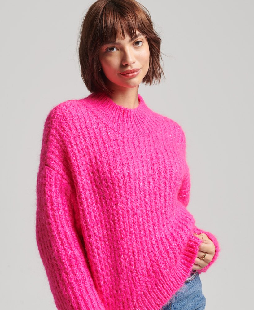 Women's Vintage Brushed Textured Knit Jumper in Neon Pink