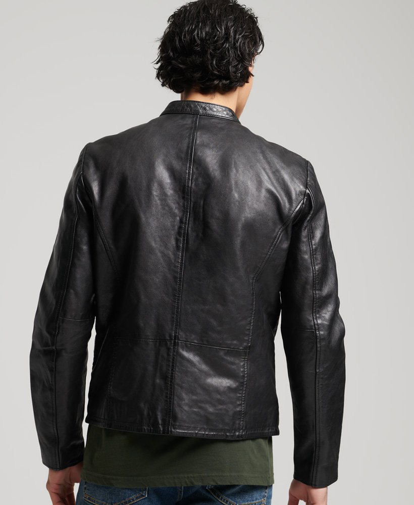 Men's - Leather Sports Racer Jacket in Black | Superdry UK
