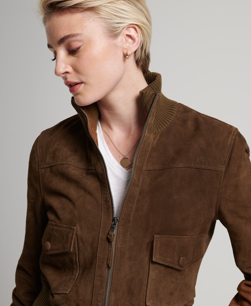 Mujer – Cazadora bómber de ante con cuello de punto Studios en Camel  Superdry ES